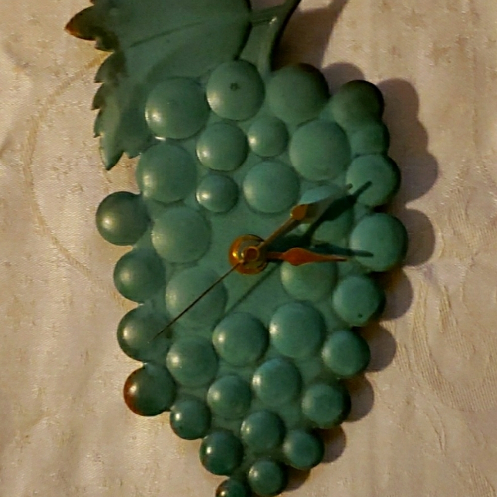 Vintage Handmade Solid Copper Patina Blue Clock In A Grapes Motif.